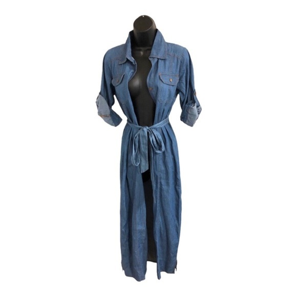 Blue denim‎ fabric button front boho look belted dress size small brand new - Picture 15 of 16